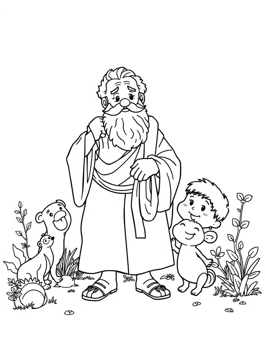 A playful scene showing Plato in a historical outfit with animals, plants, or kids nearby.
