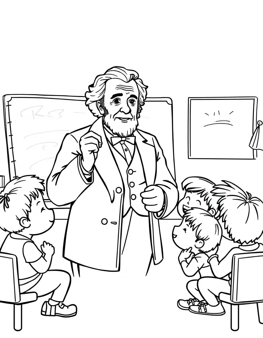 Thomas Edison teaching children, with educational items like chalkboards and pencils, in a friendly classroom scene.