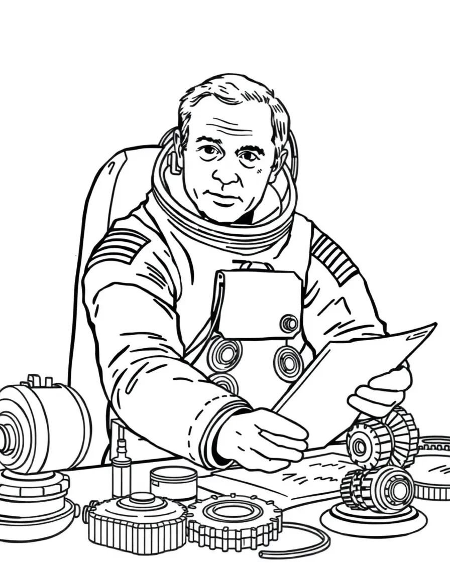 Neil Armstrong working on their famous invention or idea, with gears, papers, or lab equipment drawn simply.