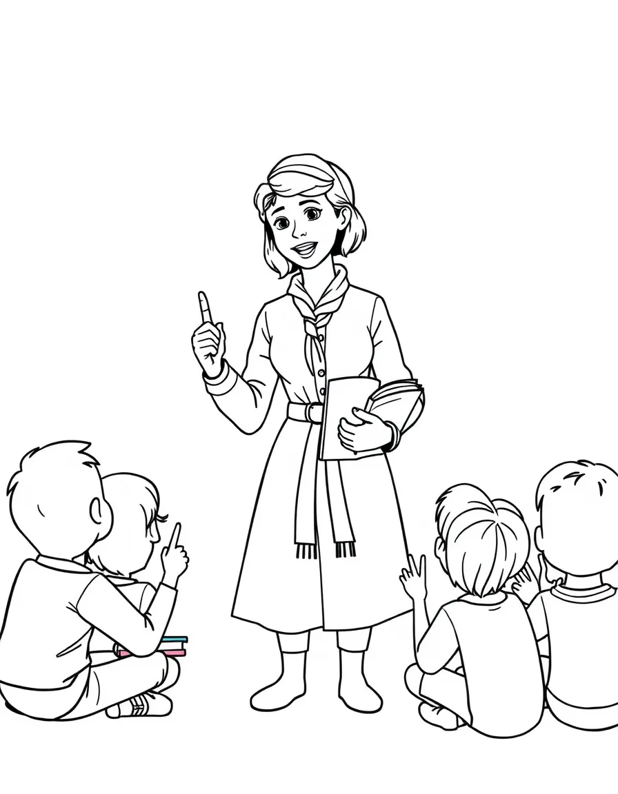 A fun coloring page of Amelia Earhart giving a speech to children with books and peace signs around.