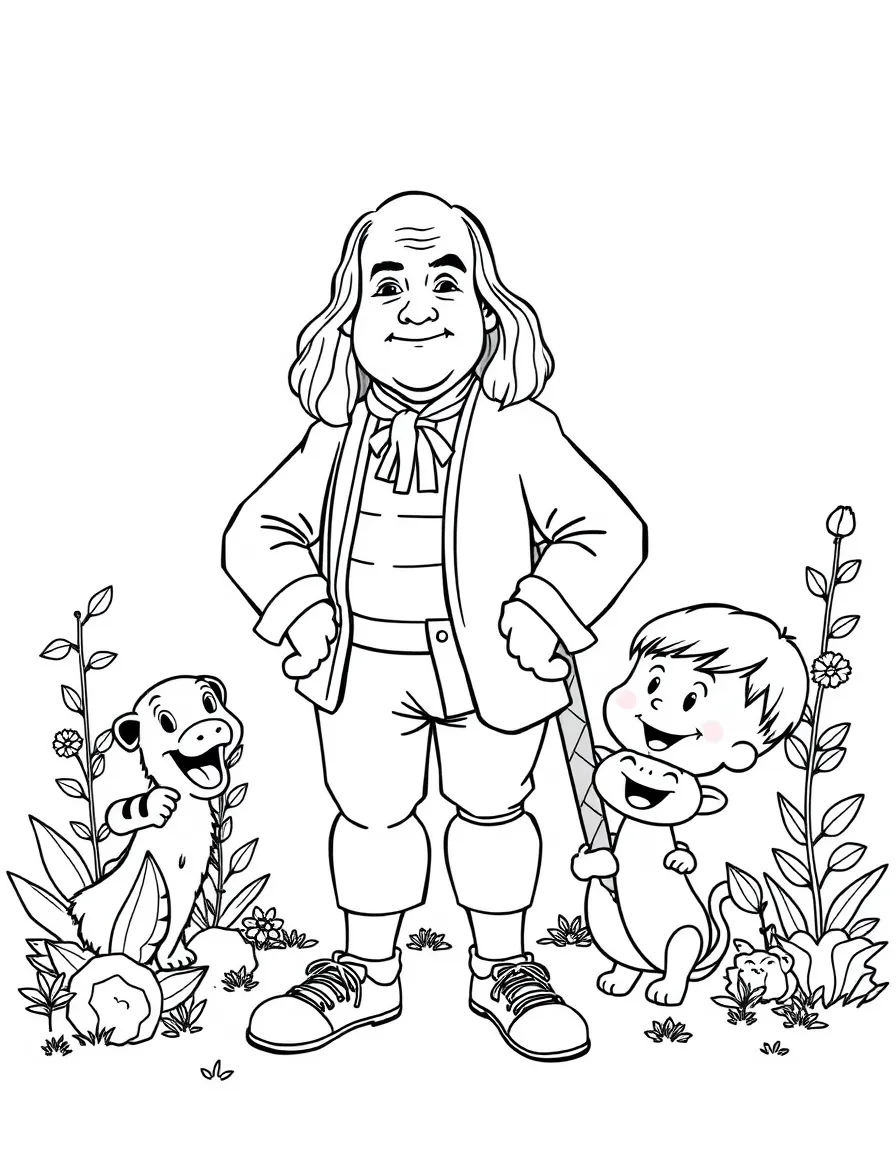 A playful scene showing Benjamin Franklin in a historical outfit with animals, plants, or kids nearby.