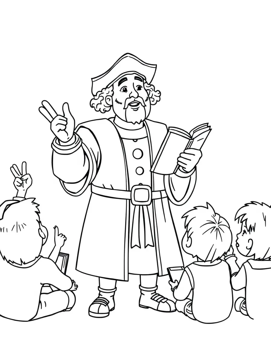A fun coloring page of Christopher Columbus giving a speech to children with books and peace signs around.