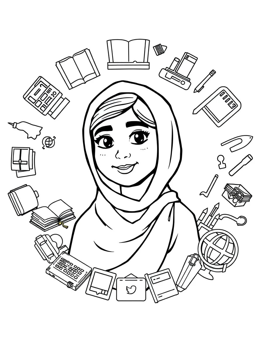A cartoon-style drawing of Malala Yousafzai surrounded by symbols of their achievements, like books, tools, or globes.