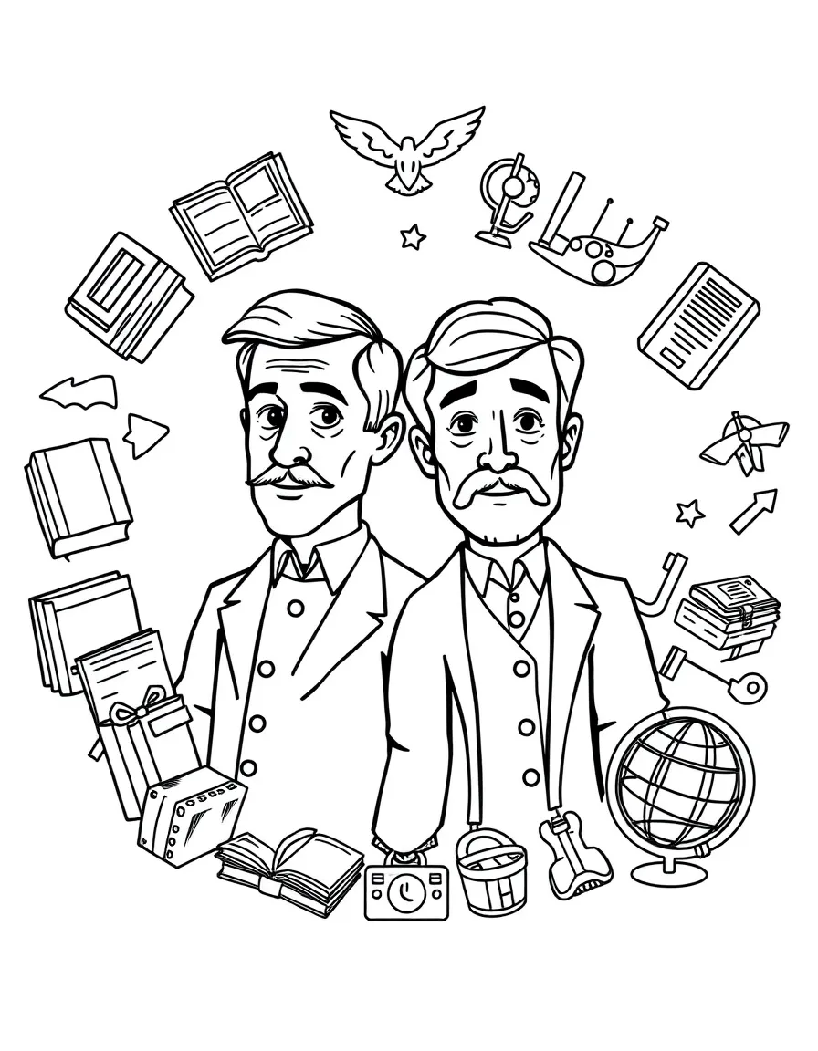A cartoon-style drawing of The Wright Brothers surrounded by symbols of their achievements, like books, tools, or globes.
