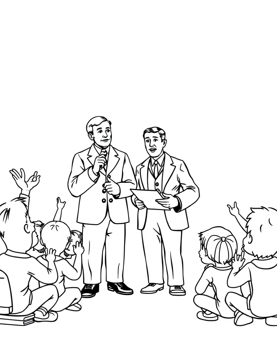A fun coloring page of The Wright Brothers giving a speech to children with books and peace signs around.