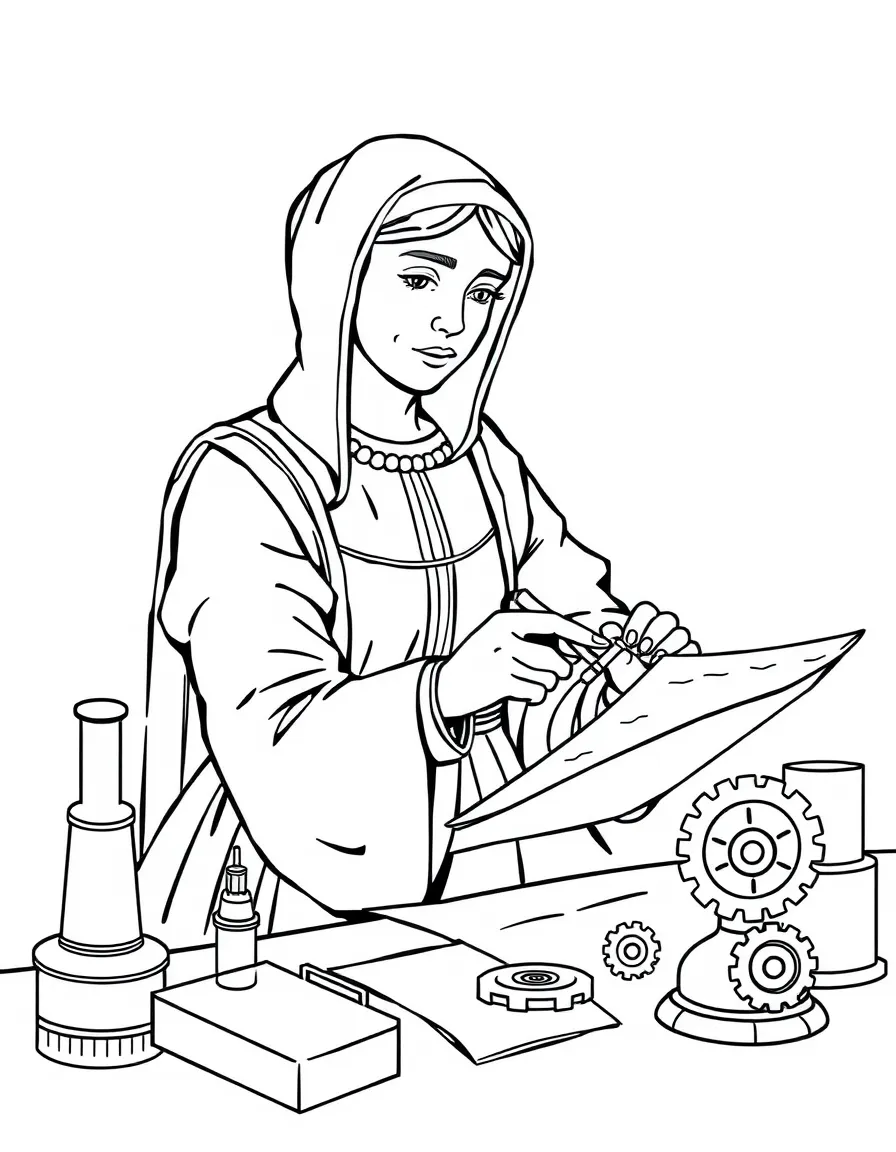 Joan of Arc working on their famous invention or idea, with gears, papers, or lab equipment drawn simply.