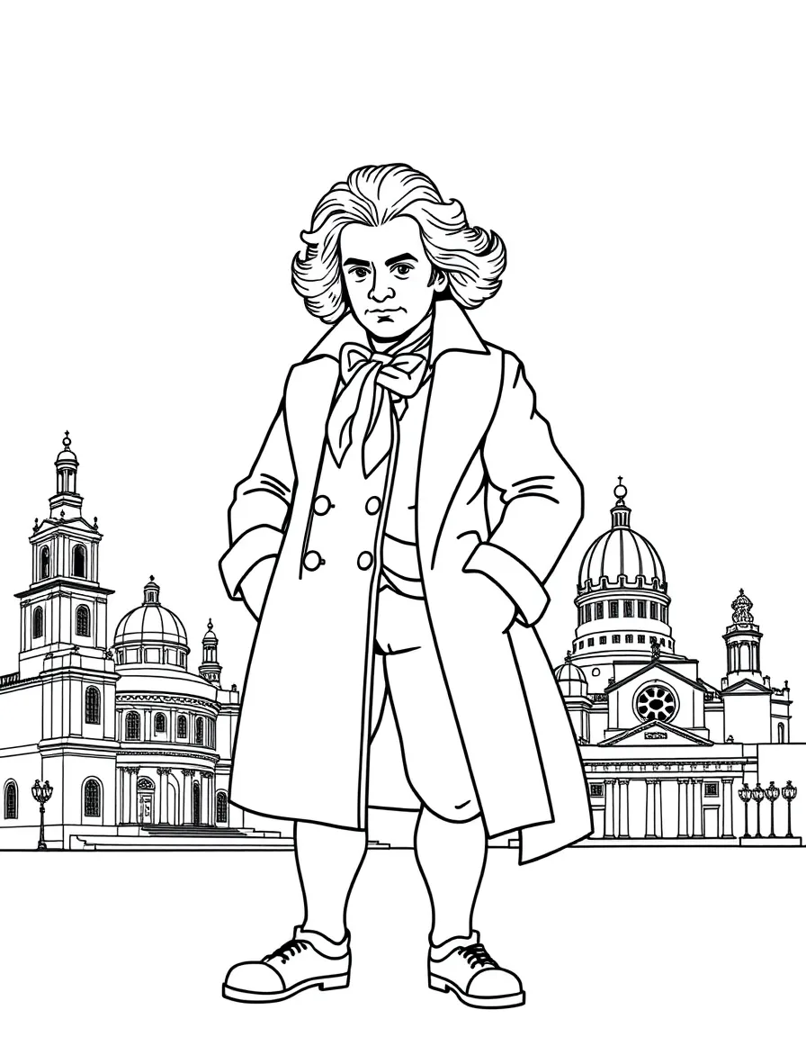 Beethoven standing proudly with historical landmarks in the background, drawn with clear bold lines for coloring.