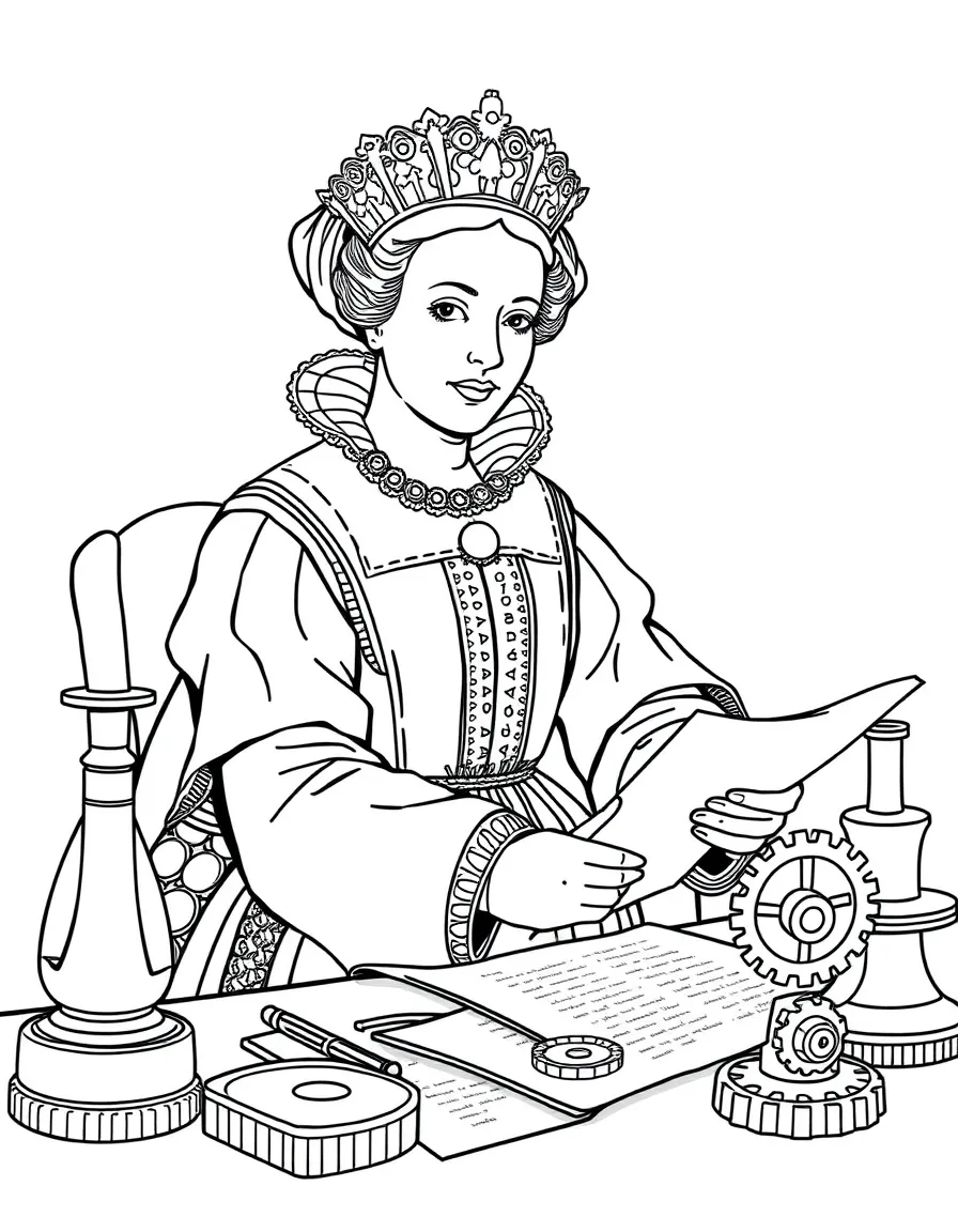Queen Elizabeth I working on their famous invention or idea, with gears, papers, or lab equipment drawn simply.