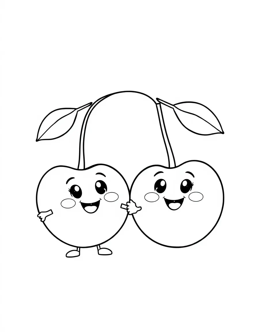 A pair of cherries with happy faces holding hands, with smiling faces and cartoon eyes