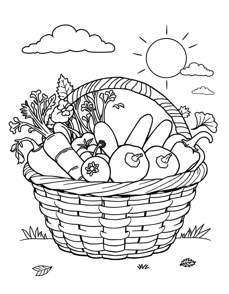 A basket full of fresh vegetables like carrots, tomatoes, cucumbers, and bell peppers, with a background of clouds and sunshine