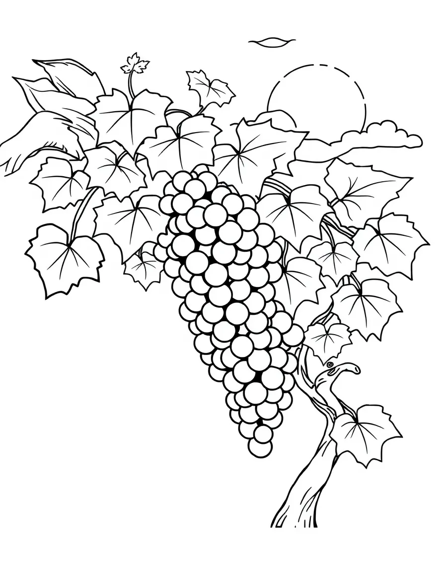A grapevine with clusters of grapes and leaves twisting around, with a background of clouds and sunshine