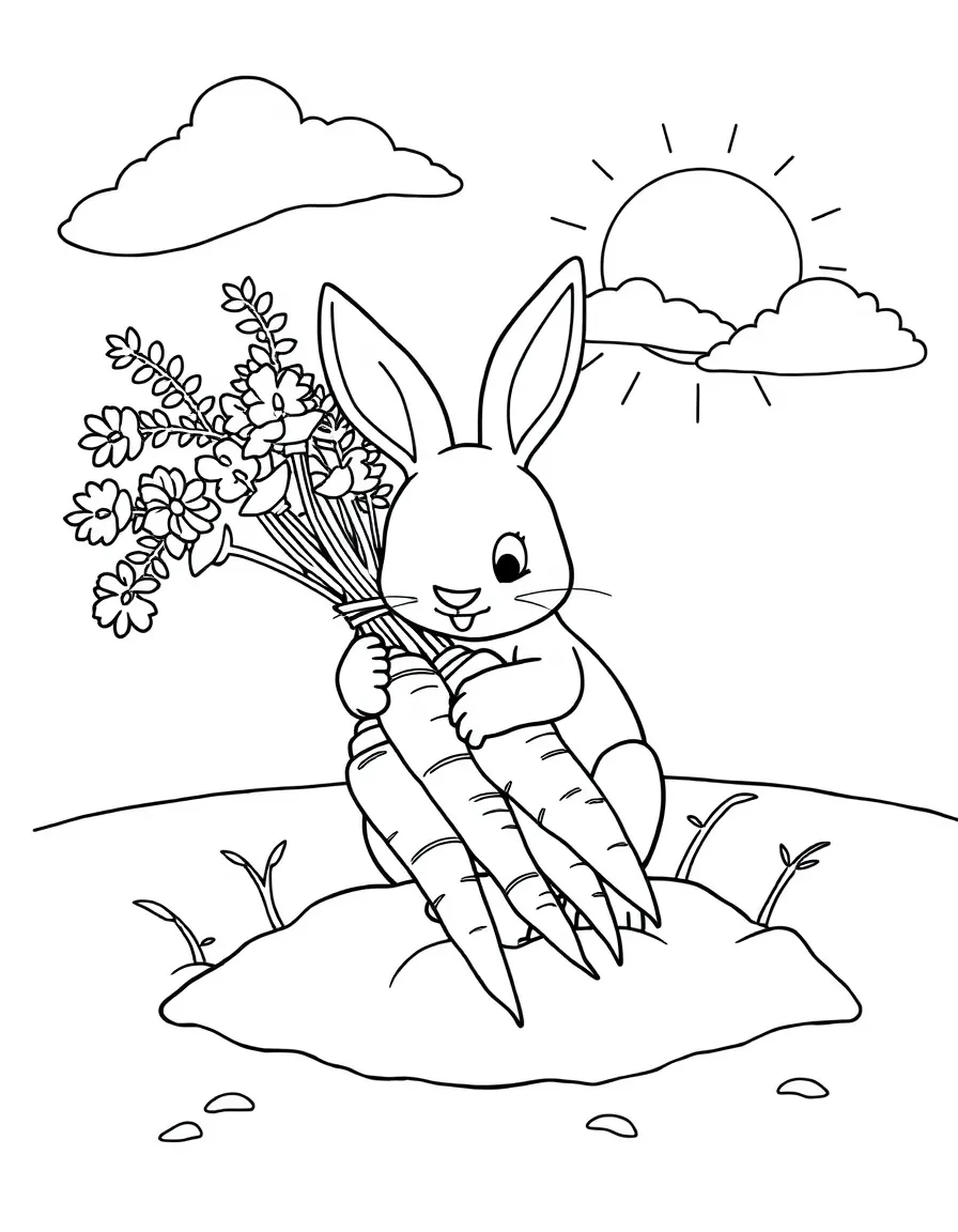 A bunch of carrots being pulled out of the soil by a bunny, with a background of clouds and sunshine