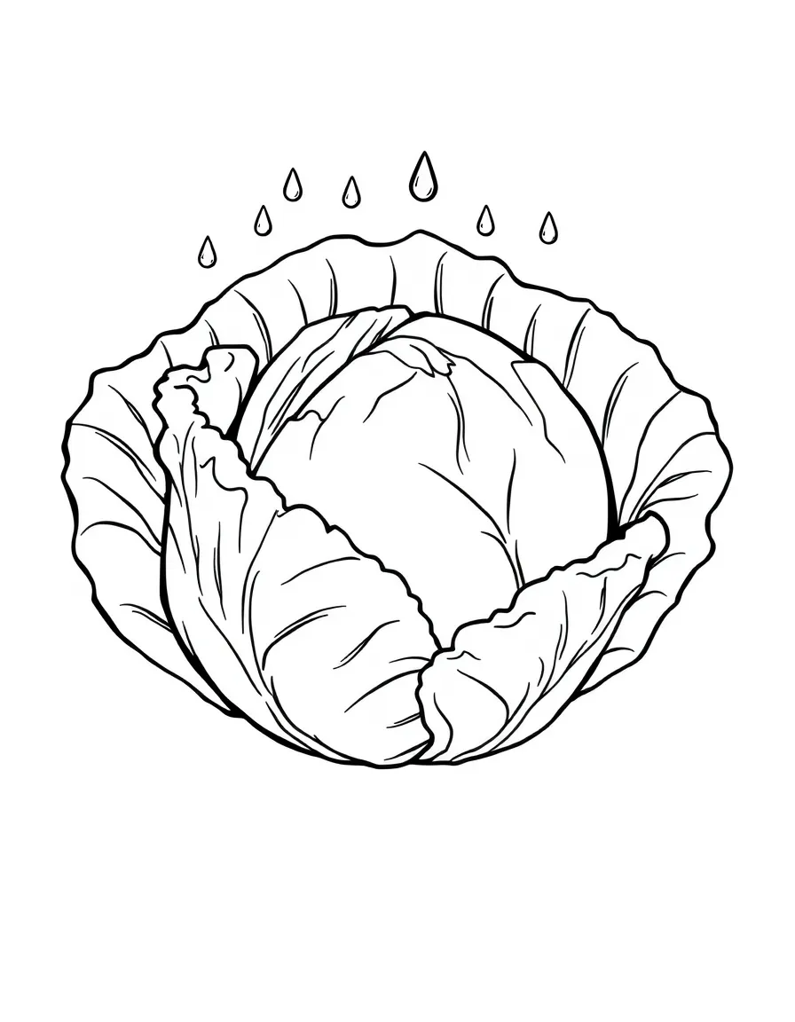 A detailed cabbage with curling leaves and raindrops on top, ready to be picked and washed