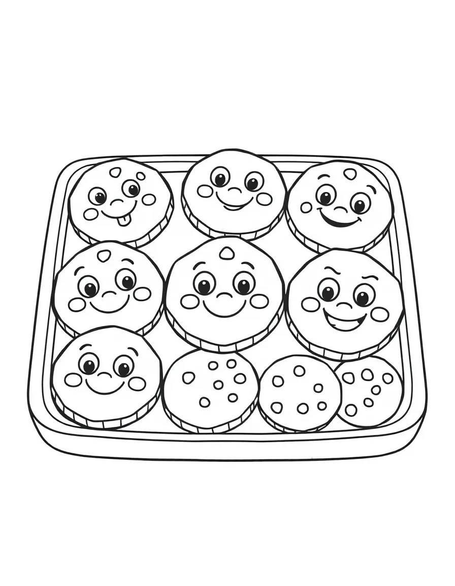 A tray of cookies with each cookie having a different funny face, with smiling faces and cartoon eyes