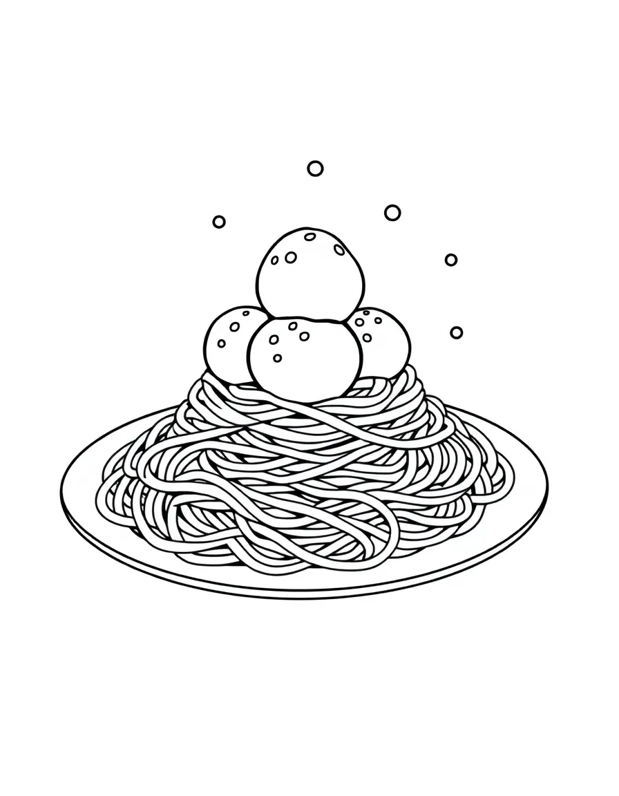A spaghetti plate with meatballs acting like planets in orbit, stacked in a colorful rainbow pattern