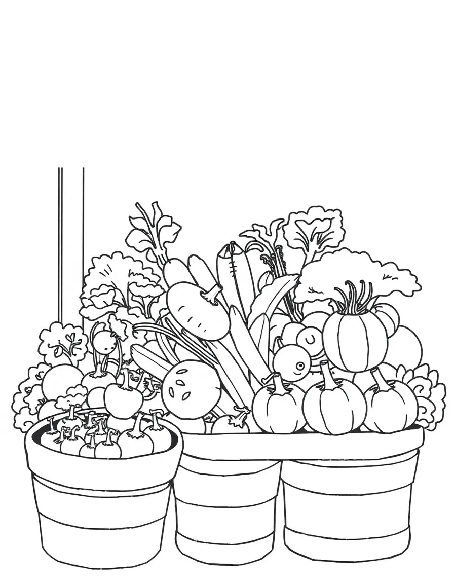 A scene showing vegetables at a farmer’s market stand, ready to be picked and washed