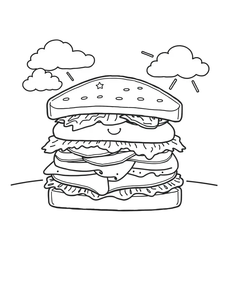 A sandwich with each layer showing smiling ingredients, with a background of clouds and sunshine