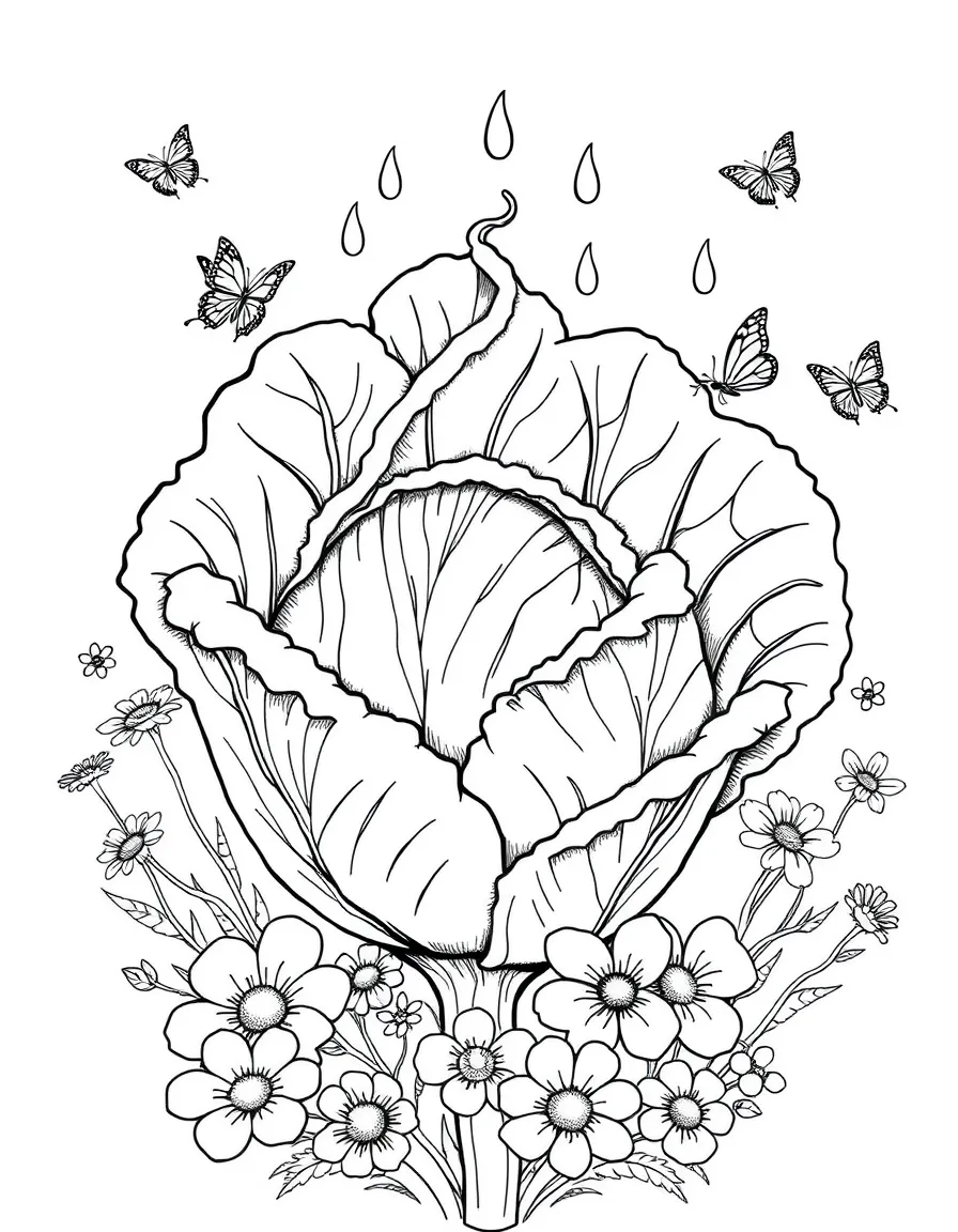 A detailed cabbage with curling leaves and raindrops on top, surrounded by flowers and butterflies