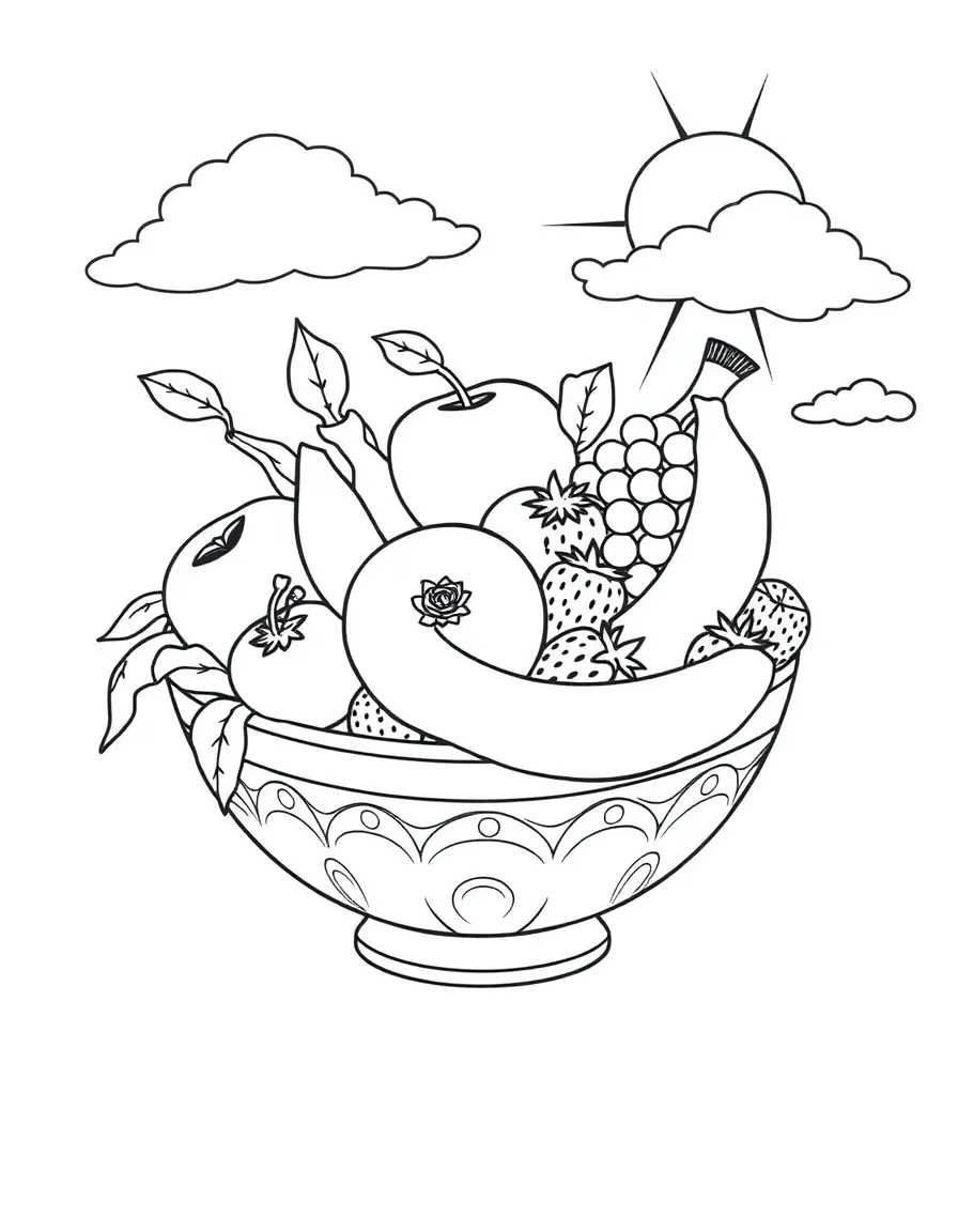 A fruit bowl filled with apples, bananas, grapes, and strawberries, with a background of clouds and sunshine