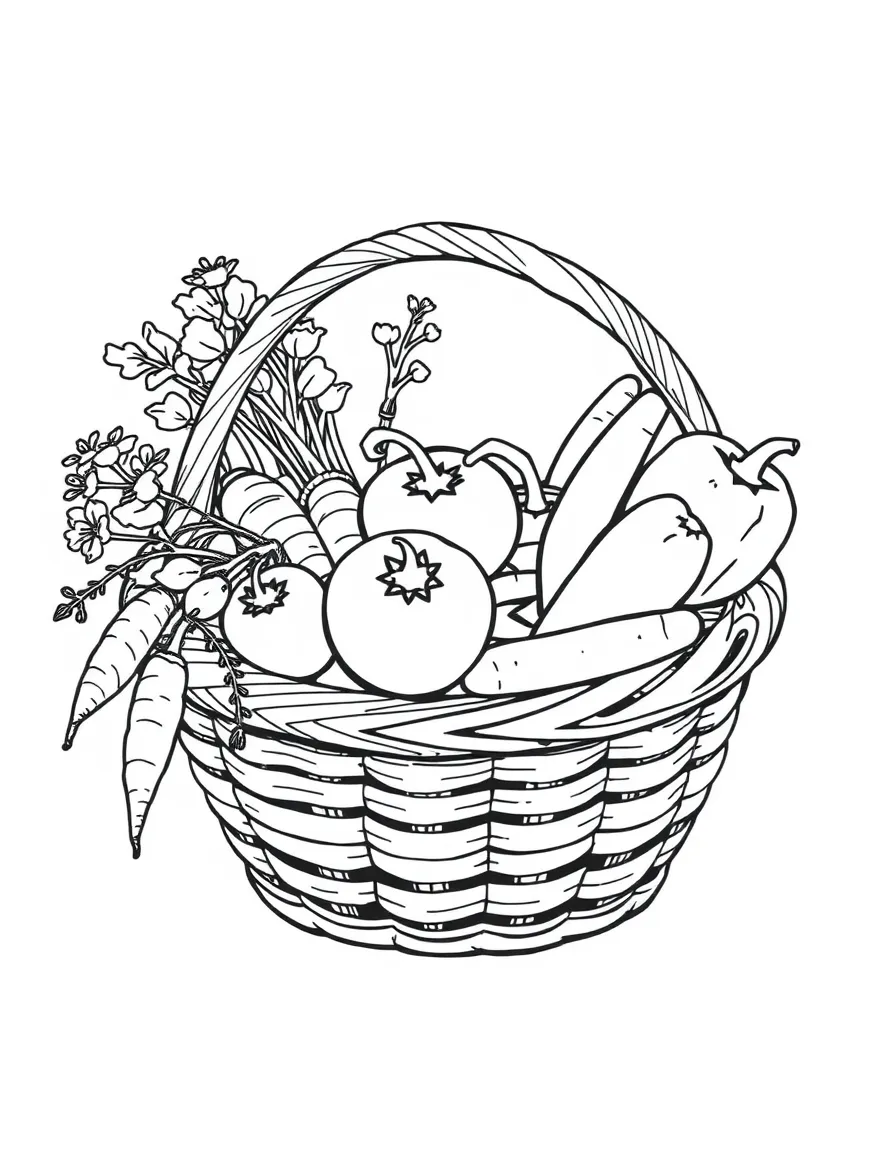 A basket full of fresh vegetables like carrots, tomatoes, cucumbers, and bell peppers, ready to be picked and washed