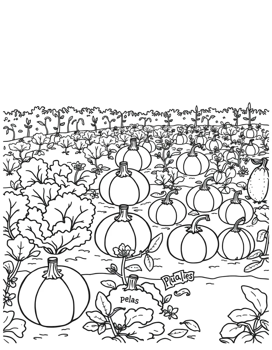 A vegetable garden with lettuce, pumpkins, and peas growing in rows, with labels showing their names for learning