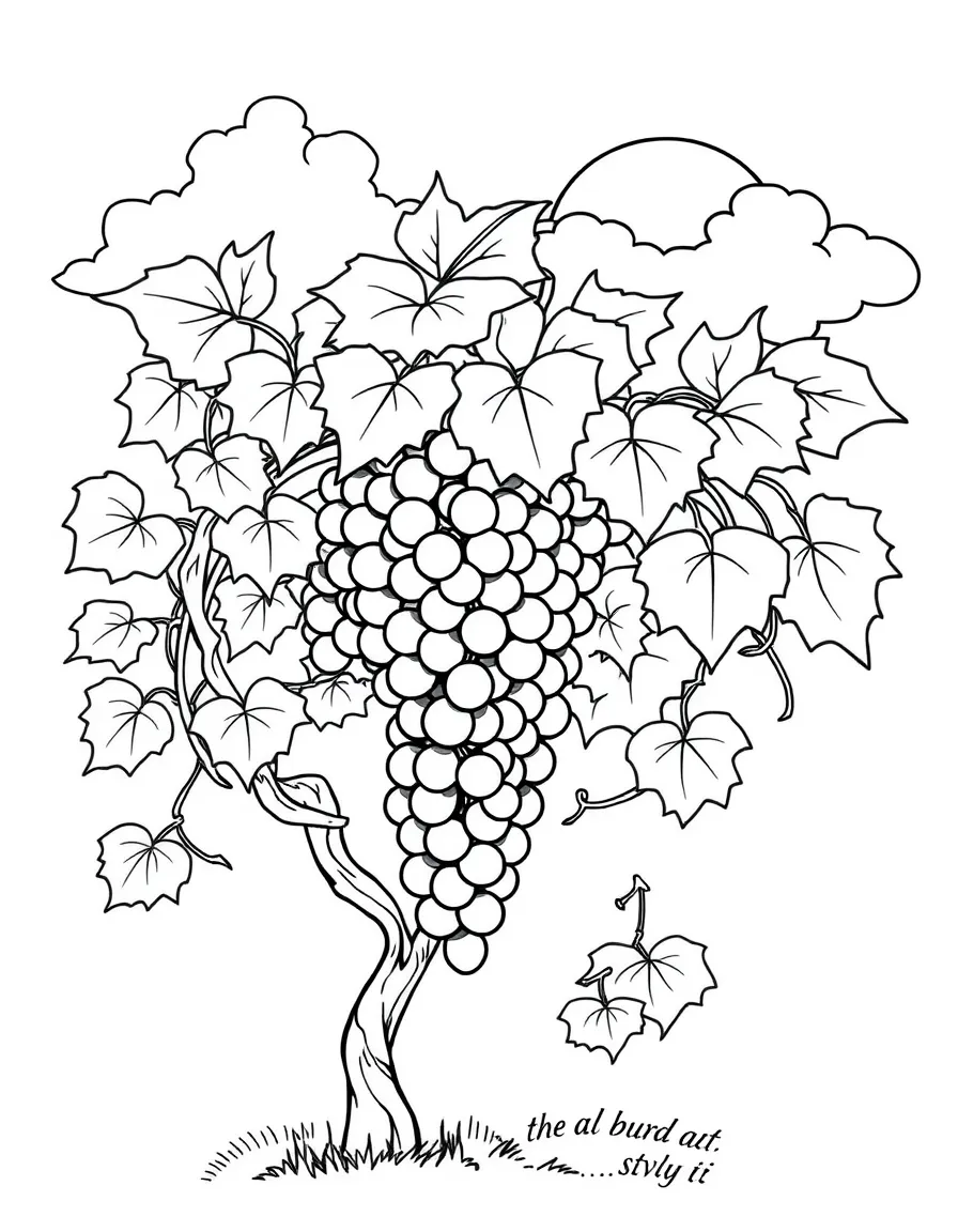 A grapevine with clusters of grapes and leaves twisting around, with a background of clouds and sunshine