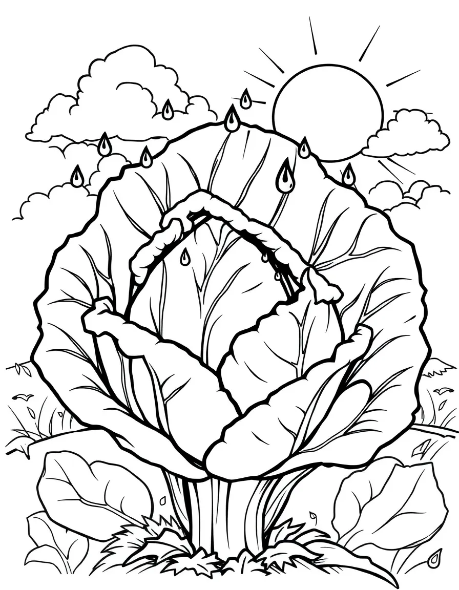 A detailed cabbage with curling leaves and raindrops on top, with a background of clouds and sunshine
