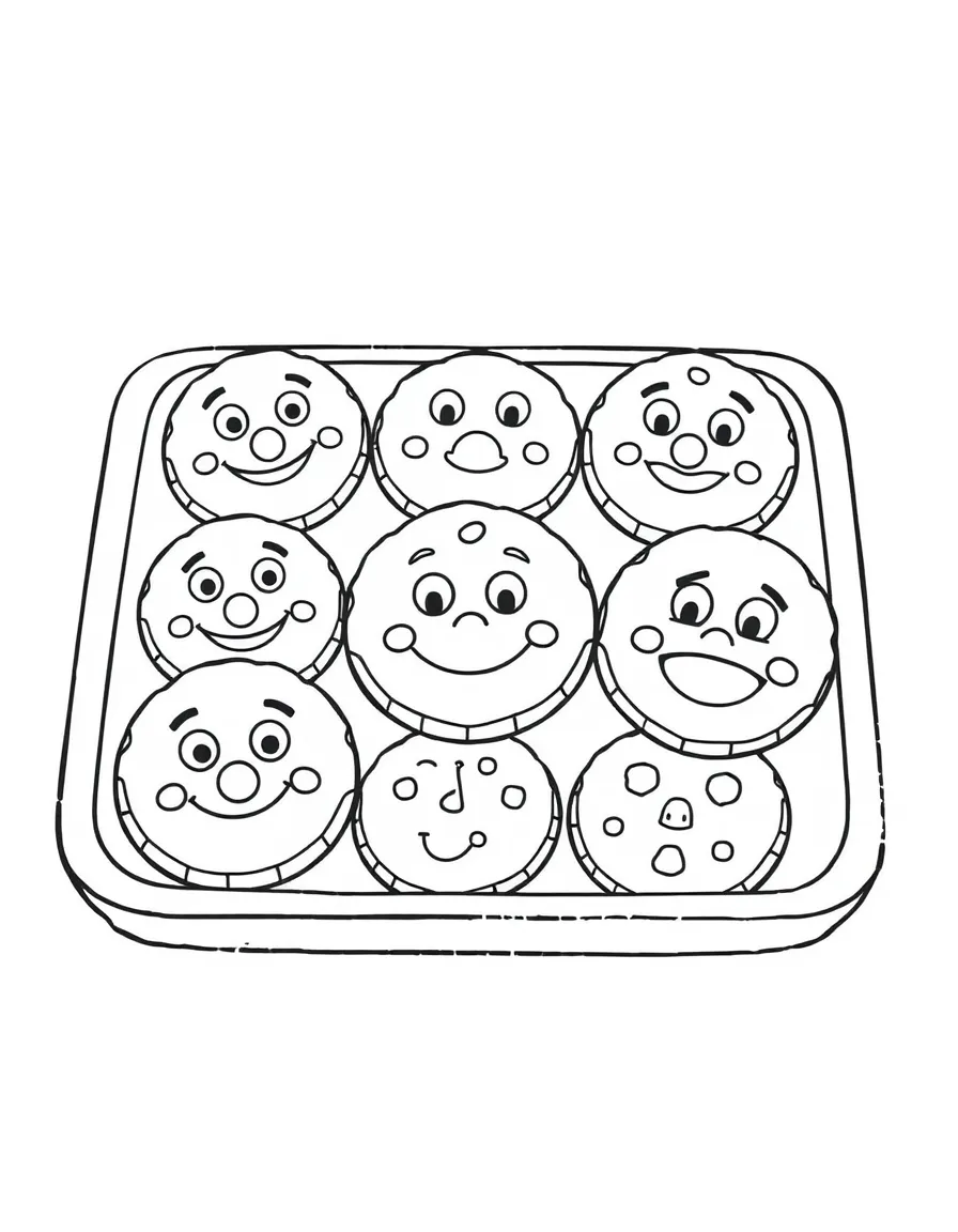 A tray of cookies with each cookie having a different funny face, ready to be picked and washed