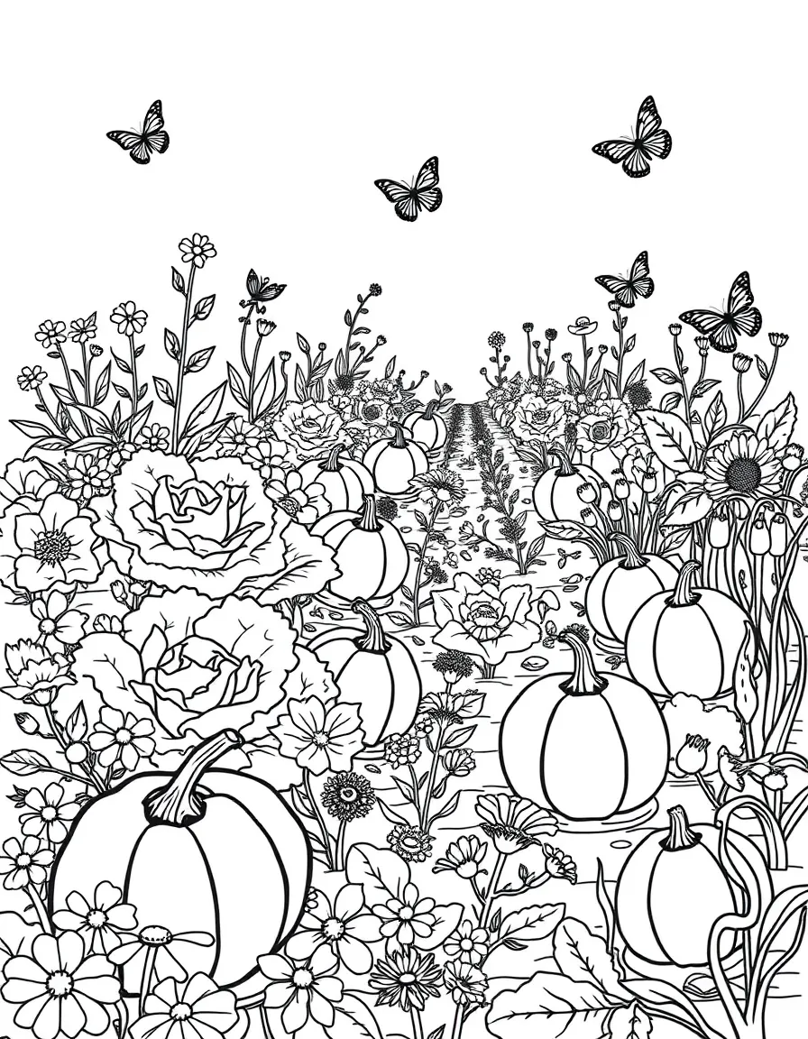 A vegetable garden with lettuce, pumpkins, and peas growing in rows, surrounded by flowers and butterflies