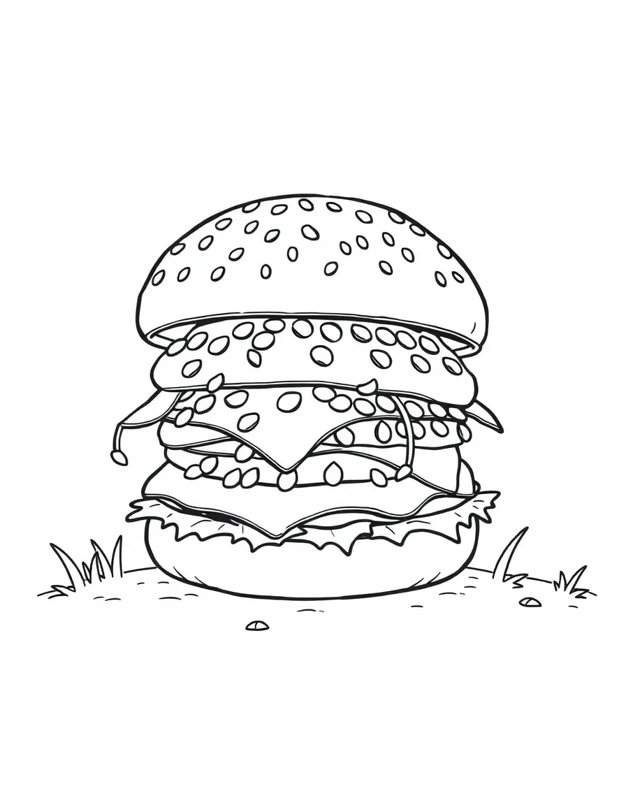 A hamburger with dancing sesame seeds on the bun, hanging from trees or growing in the ground