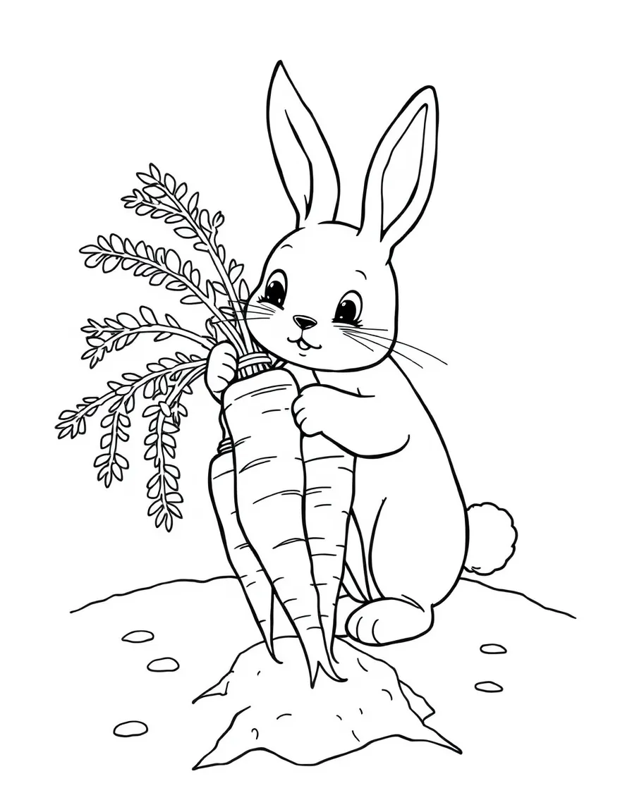 A bunch of carrots being pulled out of the soil by a bunny, ready to be picked and washed