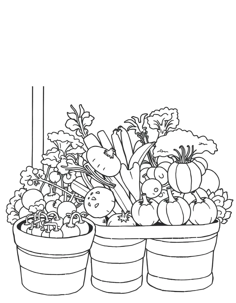 A scene showing vegetables at a farmer’s market stand, ready to be picked and washed