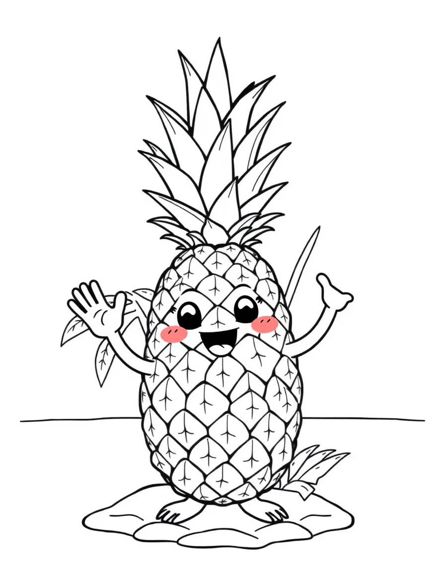 A pineapple on a tropical island waving hello, wearing cute costumes for a food party