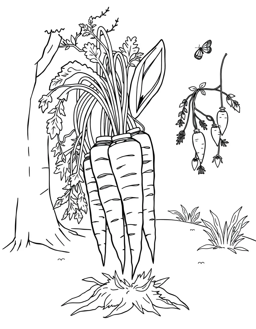 A bunch of carrots being pulled out of the soil by a bunny, hanging from trees or growing in the ground