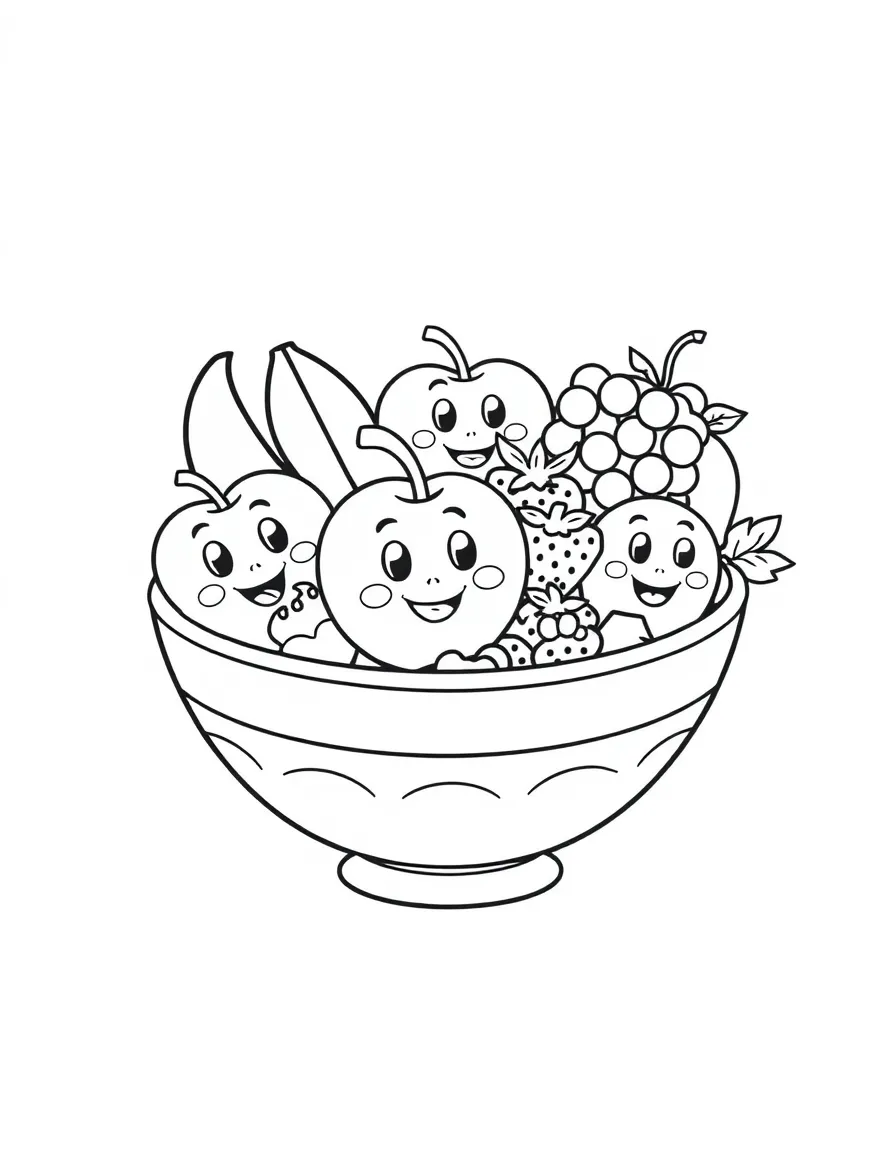 A fruit bowl filled with apples, bananas, grapes, and strawberries, with smiling faces and cartoon eyes