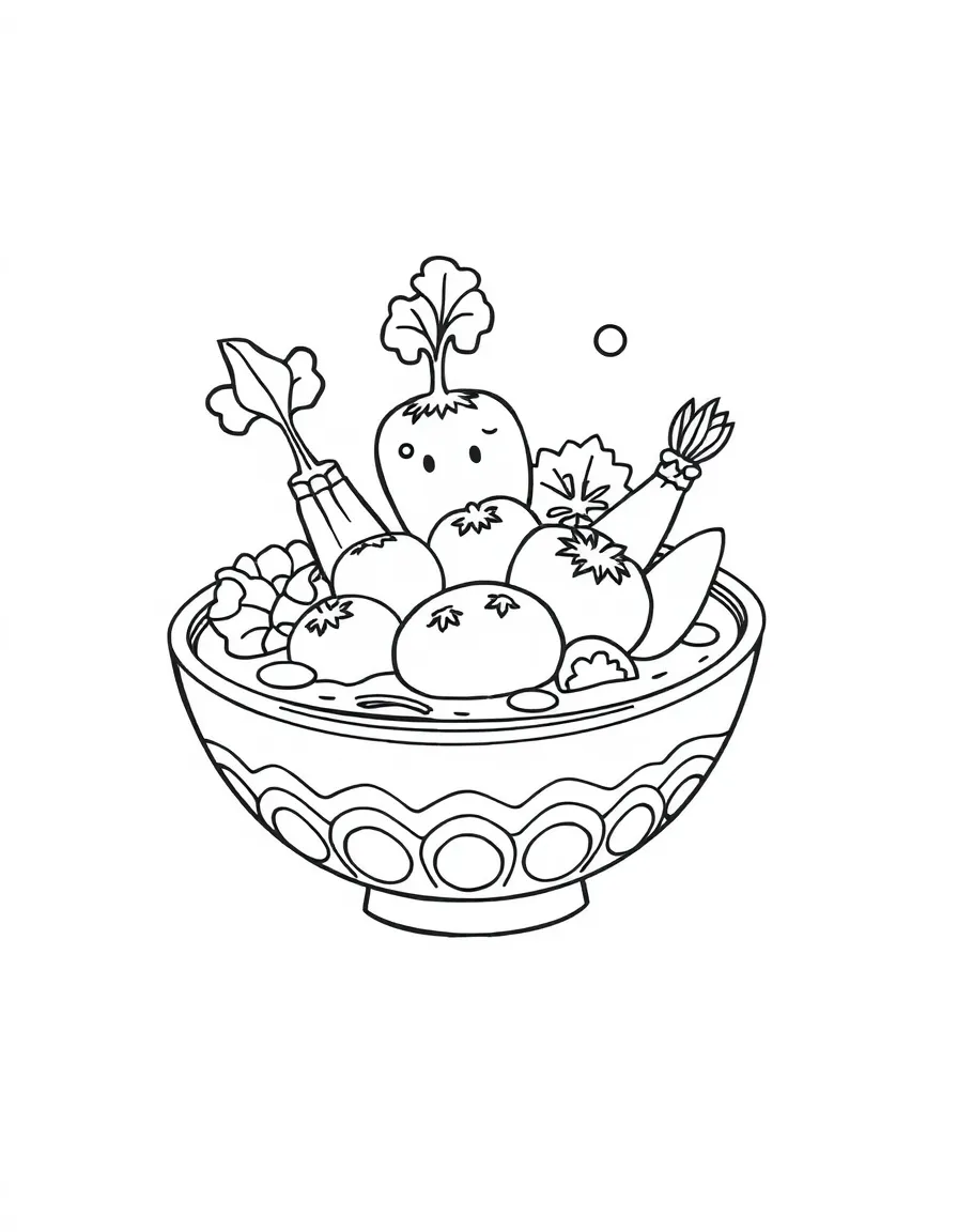 A bowl of soup with vegetable characters floating in it, stacked in a colorful rainbow pattern