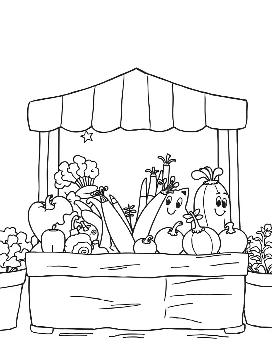 A scene showing vegetables at a farmer’s market stand, with smiling faces and cartoon eyes
