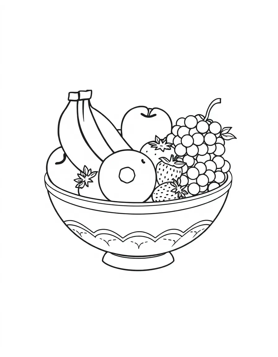 A fruit bowl filled with apples, bananas, grapes, and strawberries, with labels showing their names for learning