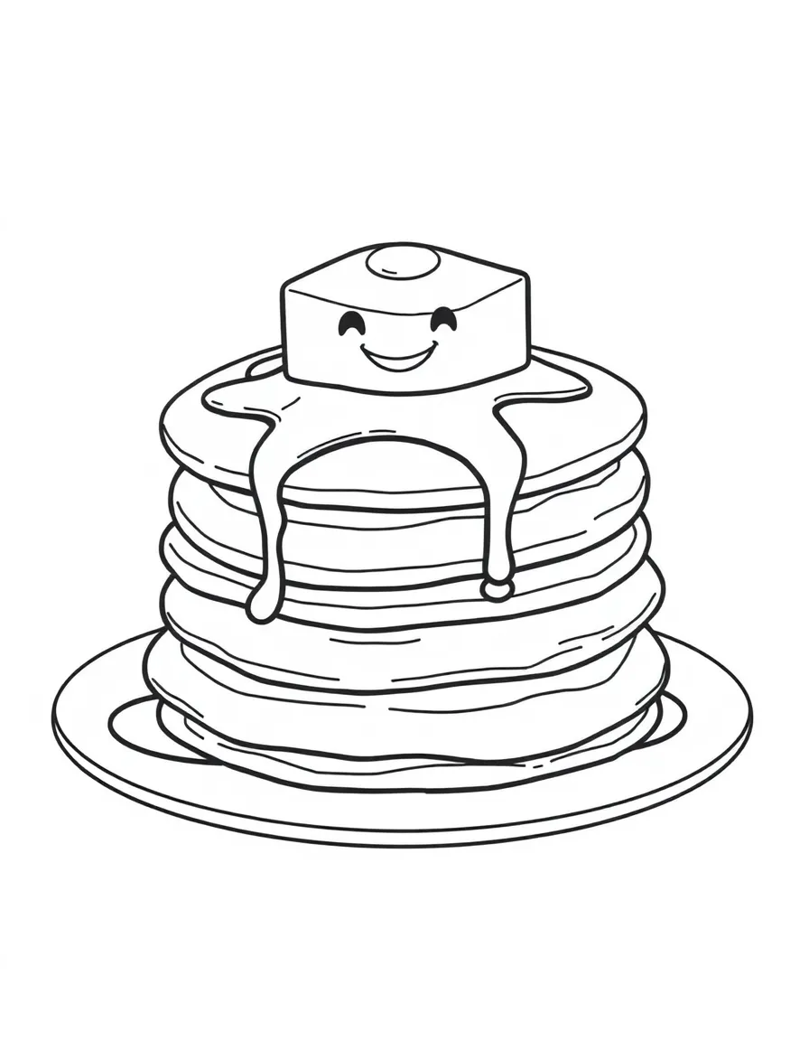 A stack of pancakes with syrup and smiling butter on top, ready to be picked and washed