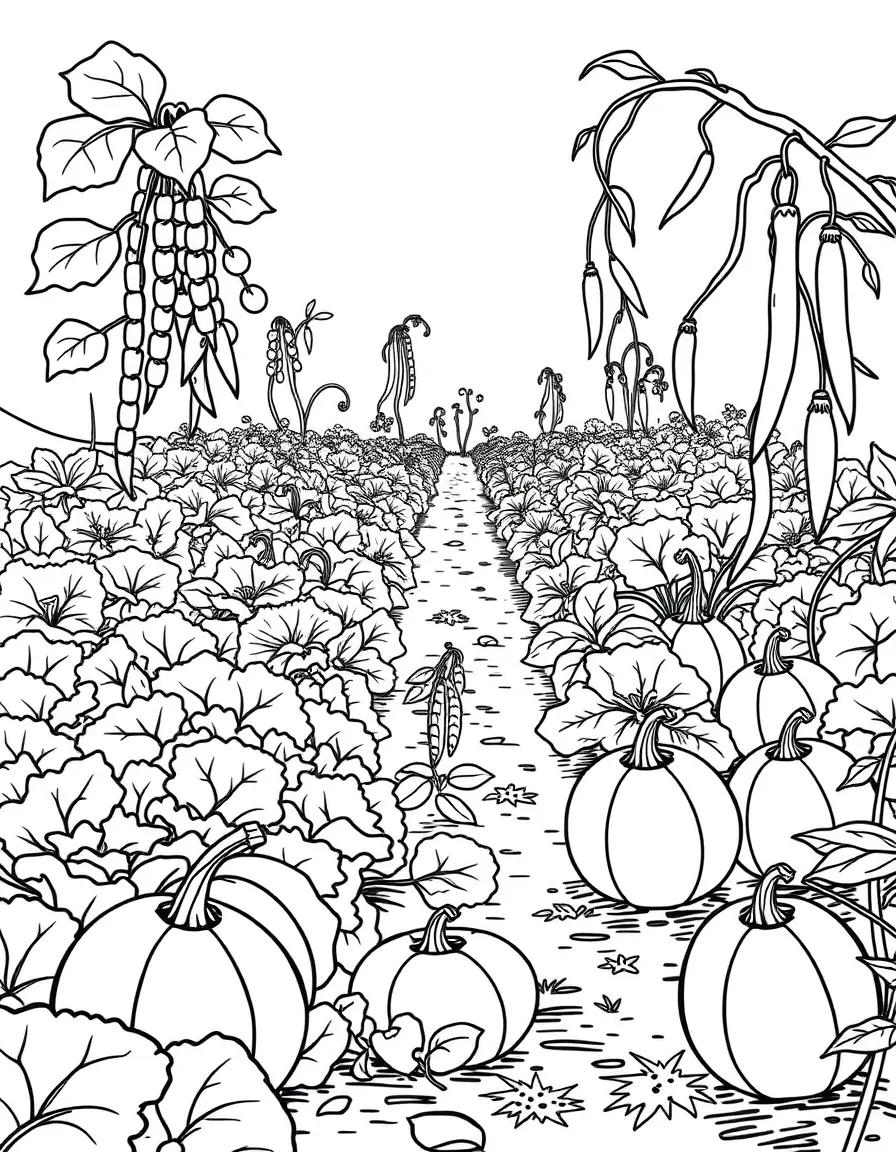 A vegetable garden with lettuce, pumpkins, and peas growing in rows, hanging from trees or growing in the ground