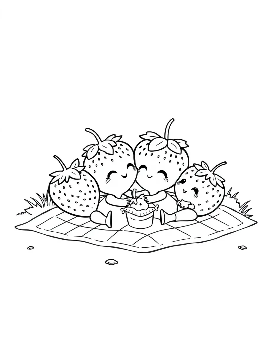 A cute strawberry family having a picnic, ready to be picked and washed