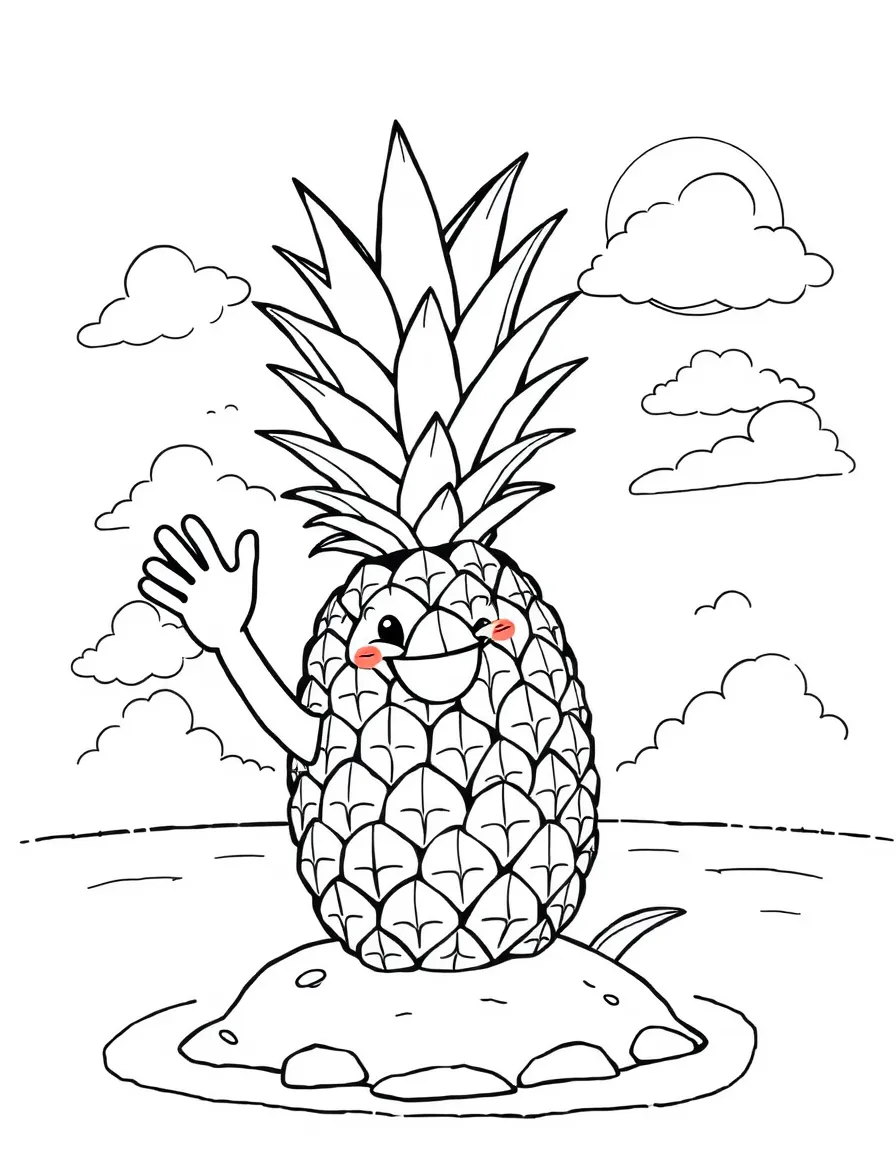 A pineapple on a tropical island waving hello, with a background of clouds and sunshine