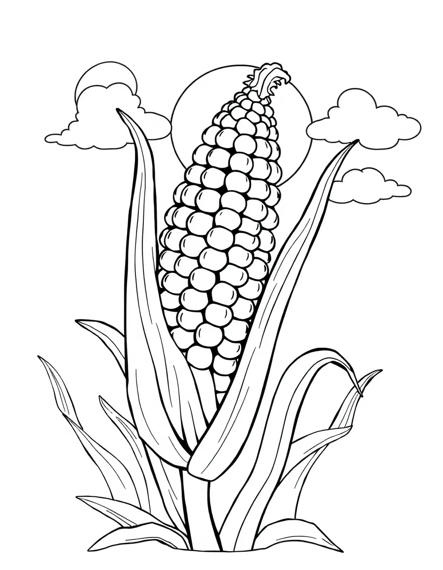 A corn cob with animated kernels dancing around it, with a background of clouds and sunshine