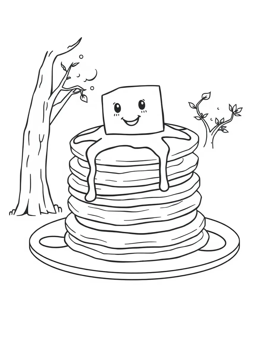 A stack of pancakes with syrup and smiling butter on top, hanging from trees or growing in the ground