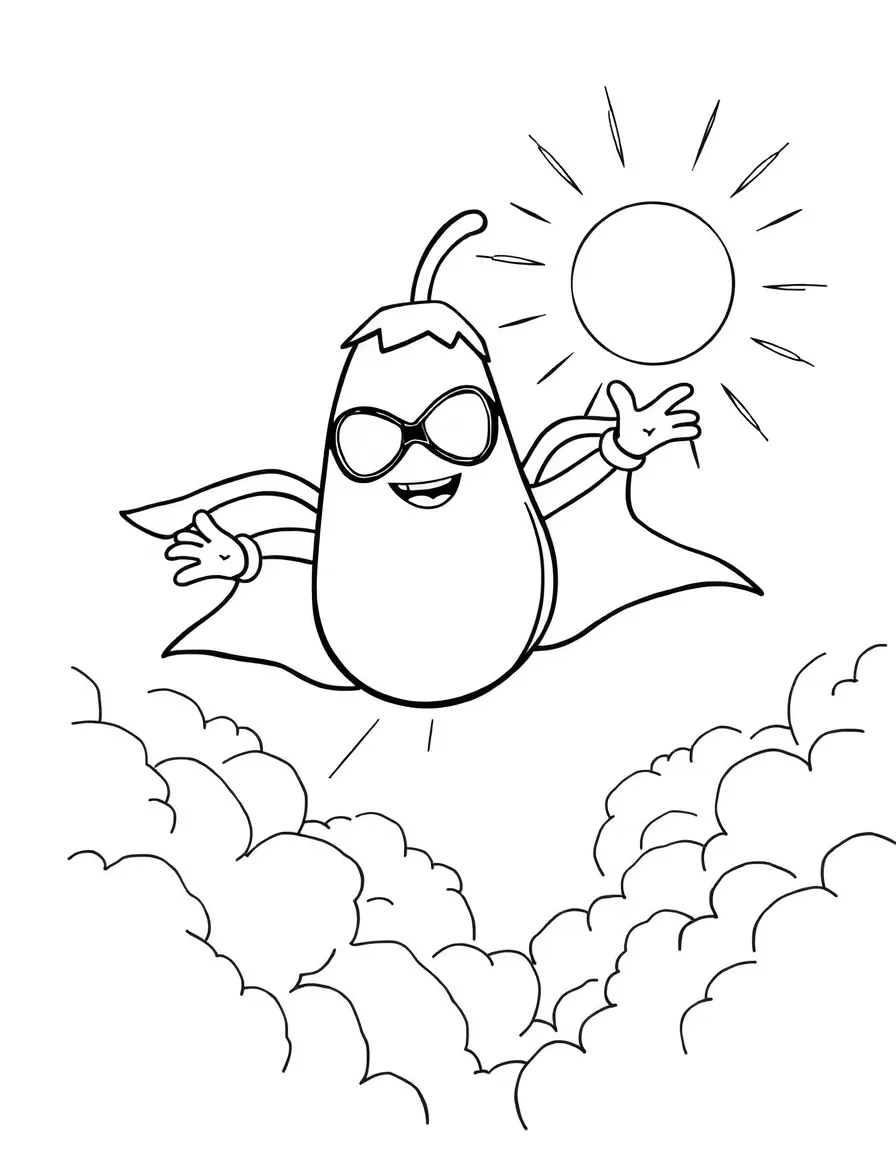 An eggplant superhero flying through the sky, with a background of clouds and sunshine