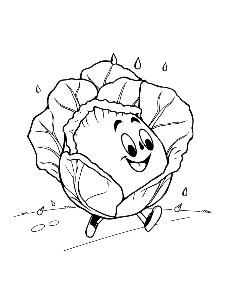 A detailed cabbage with curling leaves and raindrops on top, participating in a friendly race