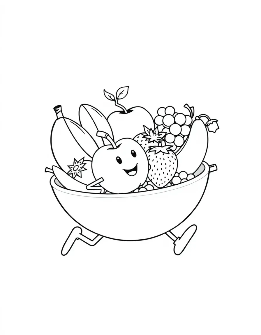 A fruit bowl filled with apples, bananas, grapes, and strawberries, participating in a friendly race