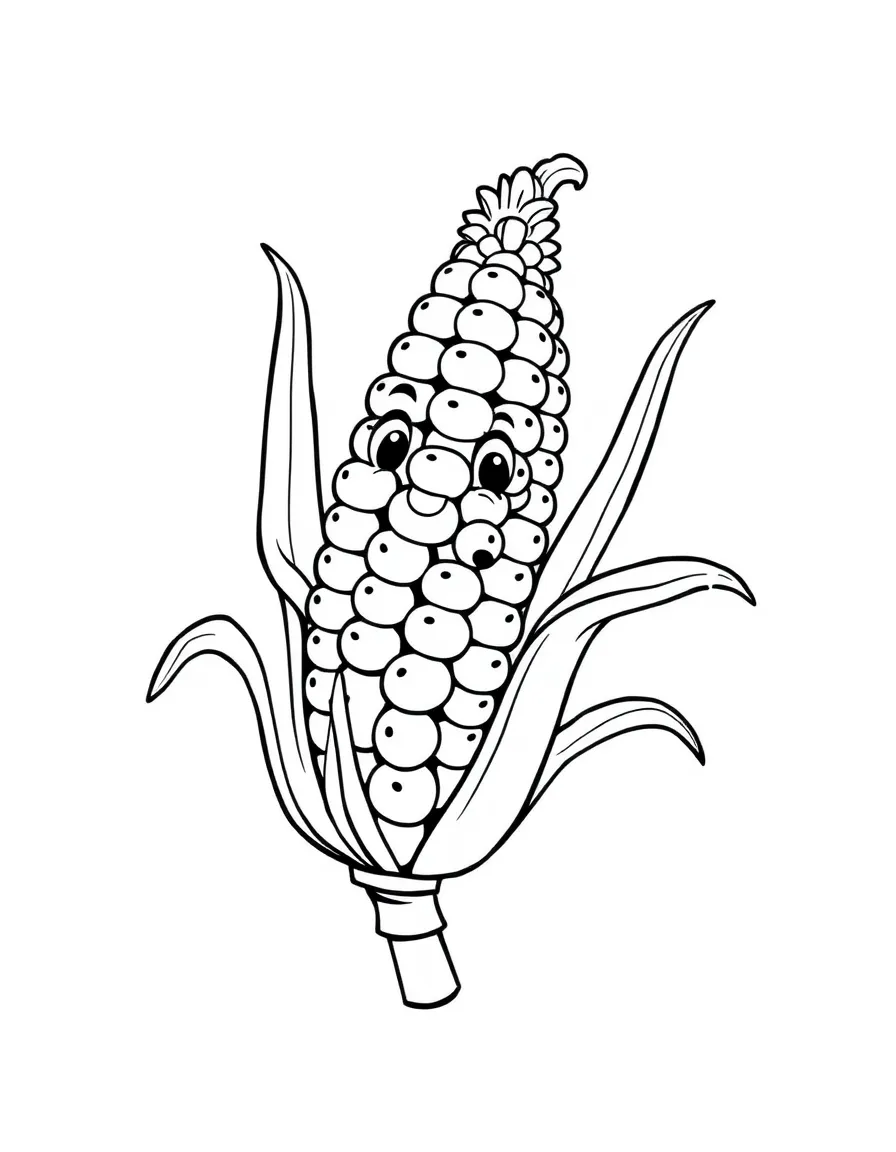 A corn cob with animated kernels dancing around it, with smiling faces and cartoon eyes