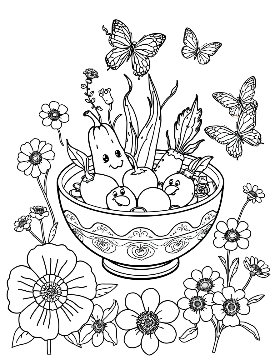 A bowl of soup with vegetable characters floating in it, surrounded by flowers and butterflies