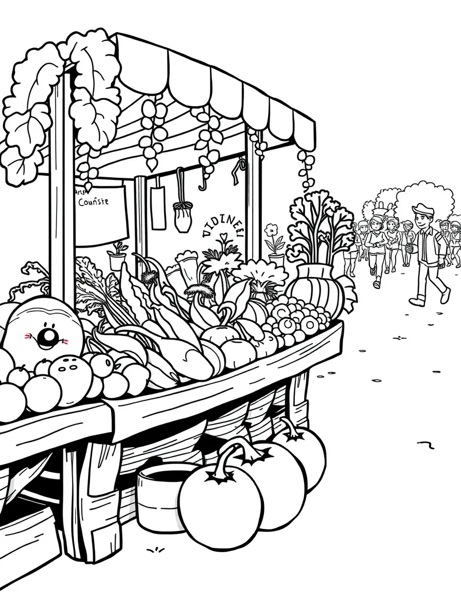 A scene showing vegetables at a farmer’s market stand, participating in a friendly race